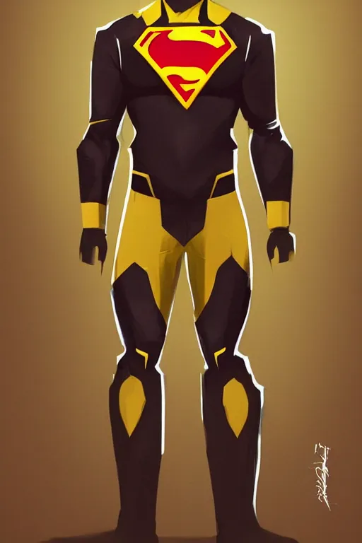 Prompt: a full body superhero concept he is wearing a yellow, red and black suit, concept art, trending on artstation, very detailed,