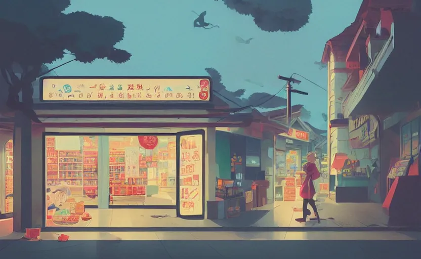 Image similar to an asian convenience store mythical magical scene illustration by atey ghailan and escher and edward hopper