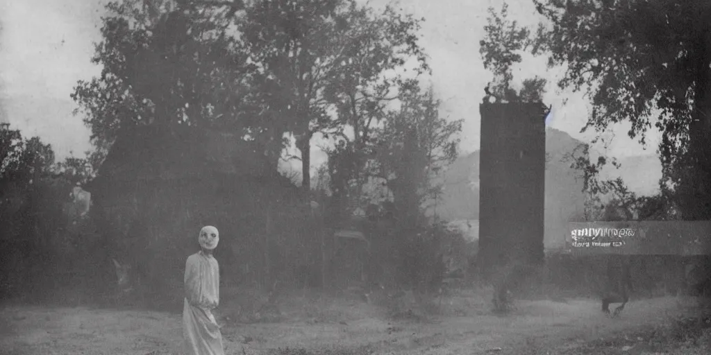 Image similar to scary unproportionable tall ghost creature in the middle of a village, 1900s picture