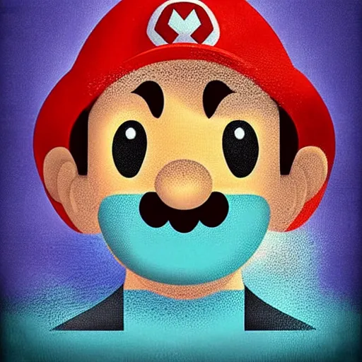 Prompt: The moment Mario understands the meaning of life, digital art