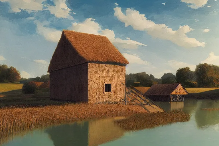 Prompt: A granary in a lagoon, digital art, artstationhq, by Charles Sheeler and Jordan Grimmer and Victor Mosquera