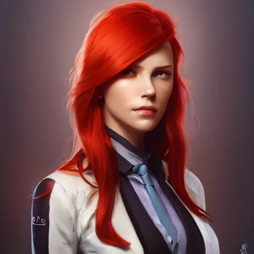 Image similar to a girl wearing a business suit, red hair, cinematic, stunning, highly detailed, digital painting, artstation, smooth, hard focus, illustration, art by artgerm and greg rutkowski and alphonse mucha