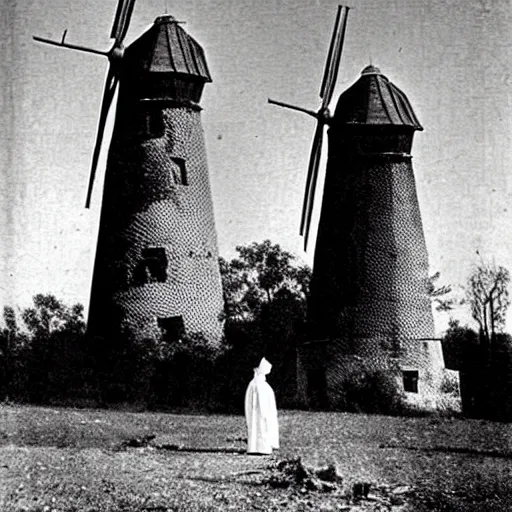 Image similar to worshippers dressed in robes belonging to the cult of the windmill. Dilapidated 1800s windmill. Old windmill. 1800s photo.