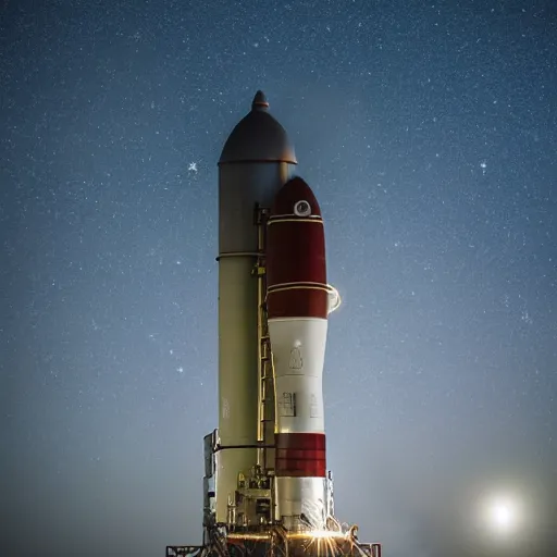 Image similar to a steam powered moon rocket from a jules vernes novel, natural lighting, at night, moon in sky, high resolution