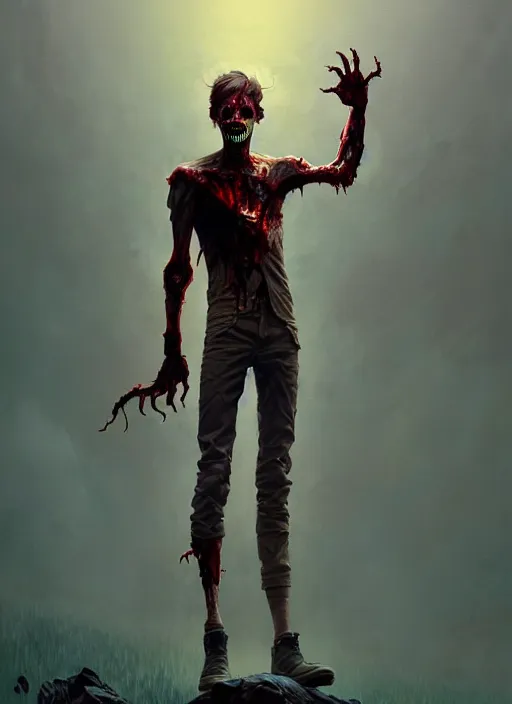 Prompt: a movie poster design of a full body zombie hero standing on a hill with a heroic pose, an ultrafine detailed painting by james jean, cgsociety, figurative art, detailed painting, dystopian art, high detail greg rutkowski and andreas rocha, tristan eaton, victo ngai, artgerm, rhads, ross draws