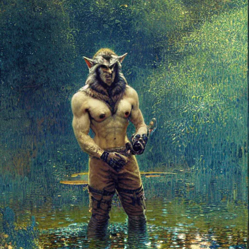 Image similar to portrait of a male wolf wolfman in a pond. shadowrun furaffiniy cyberpunk fantasy highly detailed painting by gaston bussiere craig mullins jc leyendecker gustav klimt artgerm greg rutkowski john berkey, bergey, craig mullins, ruan jia, raymond swanland, jeremy mann, tom lovell, alex malveda