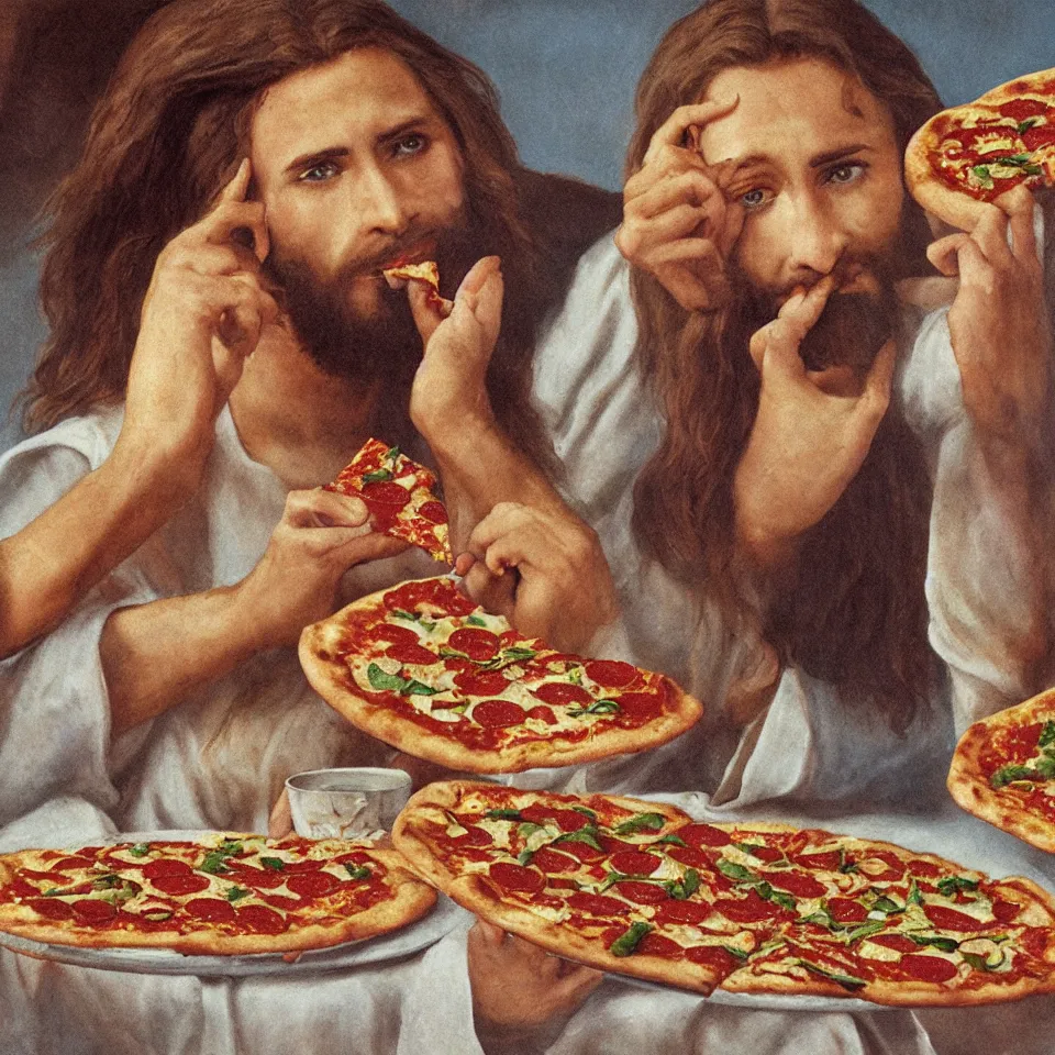 Image similar to Jesus eating pizza