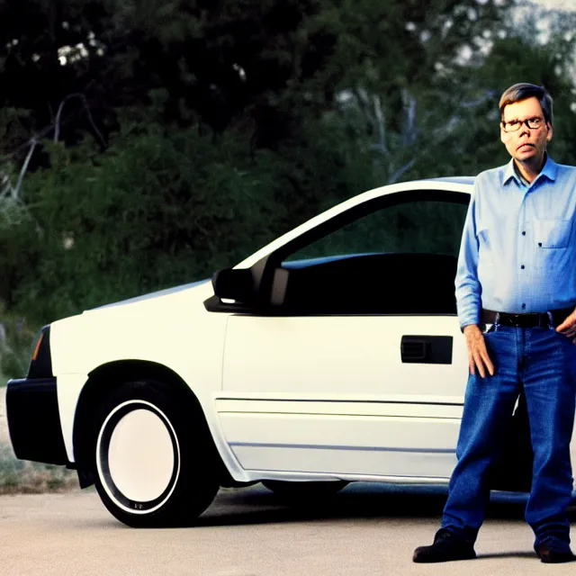 Image similar to a photo of bob lazar standing by his jet engine honda civic, cinematic lighting, detailed symmetrical face, photorealistic, highly detailed