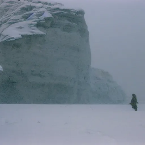 Image similar to photo of green river, wyoming cliffs covered in ice and snow, during a snowstorm. a old man in a trench coat and a cane appears as a hazy silhouette in the distance, looking back over his shoulder. cold color temperature. blue hour morning light, snow storm. hazy atmosphere. humidity haze. kodak ektachrome, greenish expired film, award winning, low contrast.