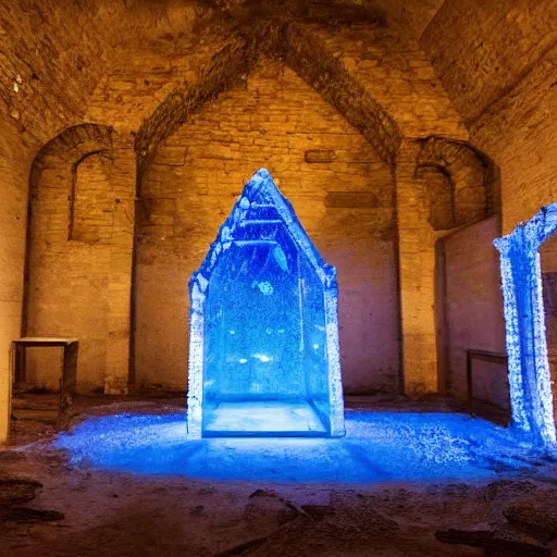 Image similar to ruins of a medieval throne room with all seats replaced by people encased in crystaline prisons, illuminated in blue light by a large crystal, perspective from the entrance, eerie ambience, handdrawn