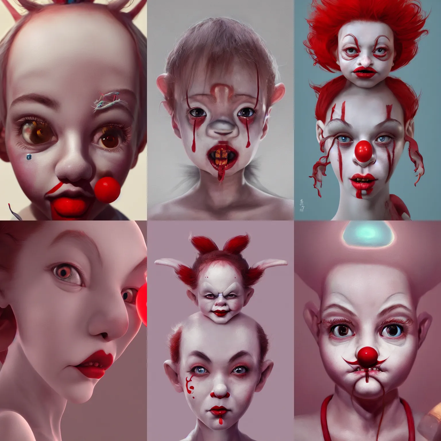 Prompt: breathtaking detailed painting of tiny clown girl ,red nose , with anxious, piercing eyes, art by Hsiao-Ron Cheng, hyperrealistic, octane render, ambient light, dynamic lighting