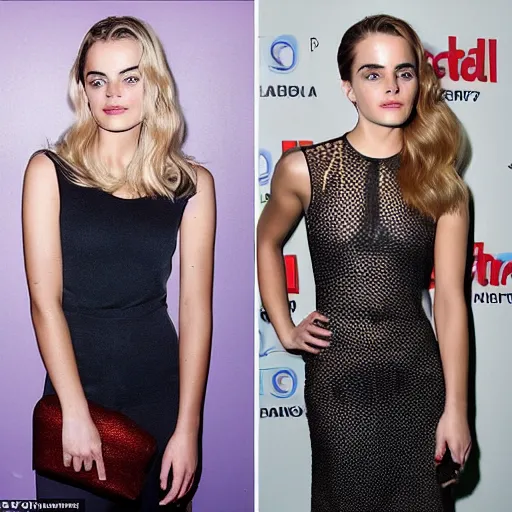 Image similar to a woman who is a genetic combination of margot robbie and emma watson face and upper - body focus