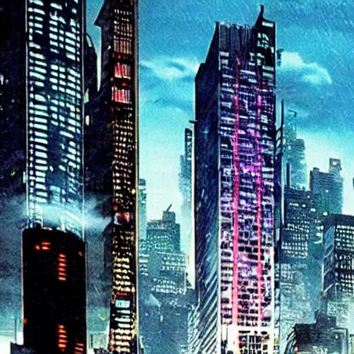 Image similar to Cyberpunk city in American Psycho (1999)