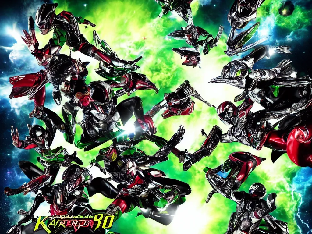 Image similar to kamen riders fighting with ulrtraman fly to universe, 8 k