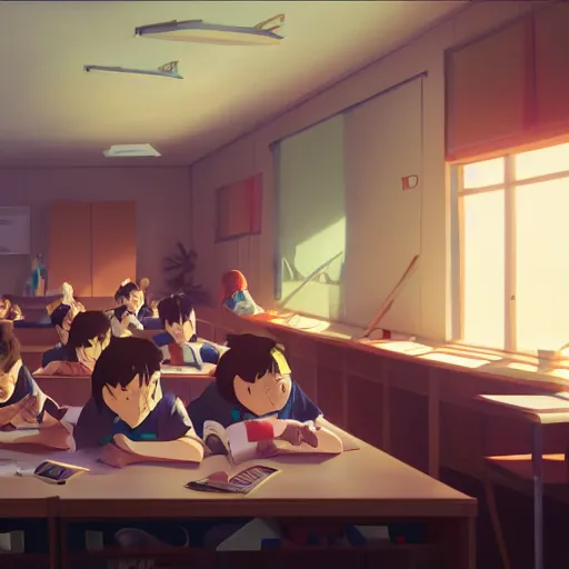 Prompt: highly motivated children in a classroom ( students are raising their hand ), detailed, cory loftis, james gilleard, atey ghailan, makoto shinkai, goro fujita, studio ghibli, rim light, exquisite lighting, clear focus, very coherent, plain background