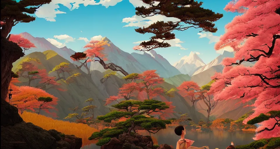 Prompt: a beautiful scenic painting by artgerm and akira kurosawa and wes anderson and spike jonze