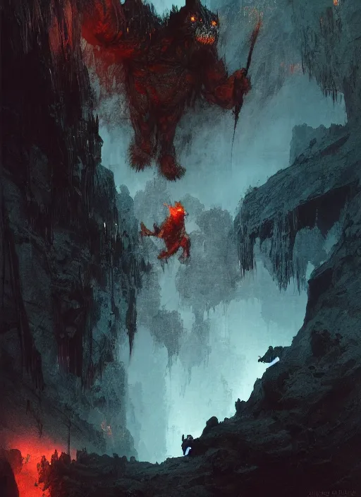 Prompt: looking up at a balrog in a vast cavern, intricate, elegant, highly detailed, john park, frazetta, sparth, ruan jia, jeffrey catherine jones