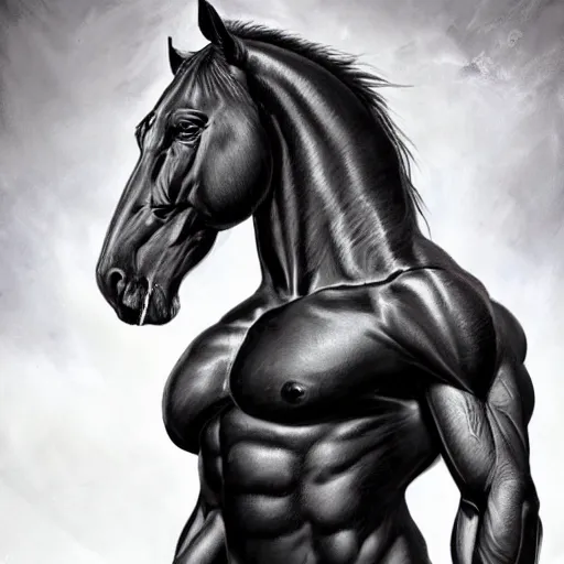 Image similar to an exaggeratedly muscular anthropomorphized black - coated horse with a magnificently muscular physique wearing tight kevlar outfit standing in a facility, long white mane, proportionally enormous arms, equine, anthro art, furaffinity, highly detailed, digital painting, artstation, concept art, illustration, art by artgerm, greg rutkowski, ruan jia