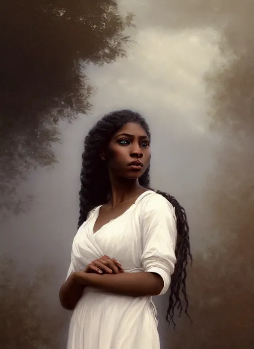 Prompt: oil painting close up portrait of a contemplative young black woman with long dark flowing hair in a white dress, surrounded by white roses!! at sunset, hazy, digital art, chiaroscuro, artstation, cinematic, golden hour, digital art painting by greg rutkowski, william - adolphe bouguereau, hazy atmosphere, cinematic lighting