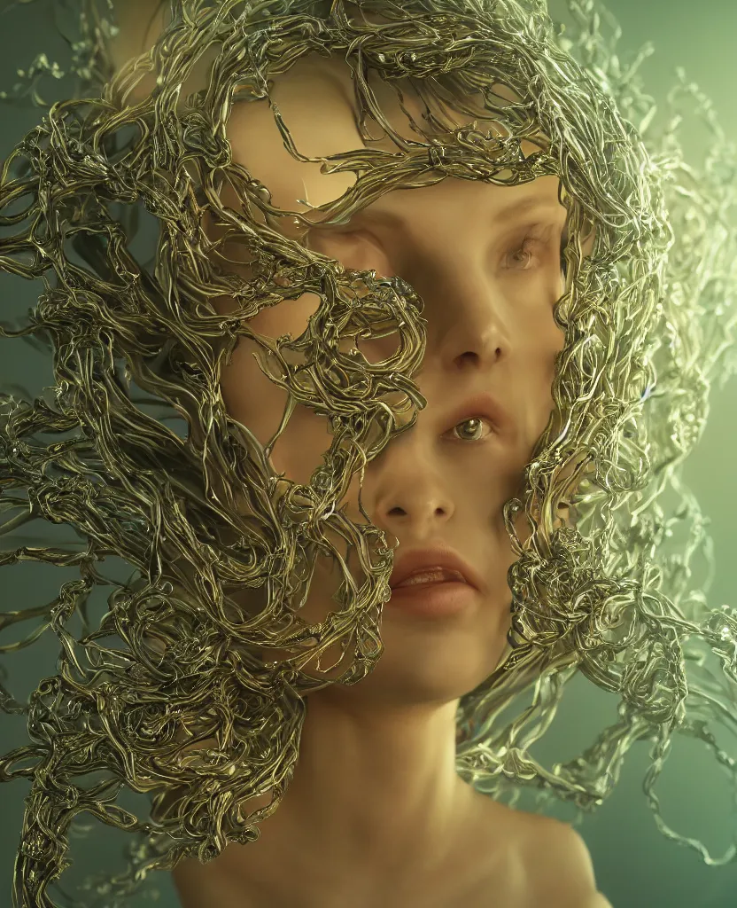 Prompt: beautiful portrait of the goddess of beauty, fleshy tendrils, a string structure, chaoticferrofluids, occult, octane render, glow, surreal dramatic lighting, intricate fine ornaments, translucent, lighting 8k, cinematic, blur, shallow depth of field, neuro web, plasma