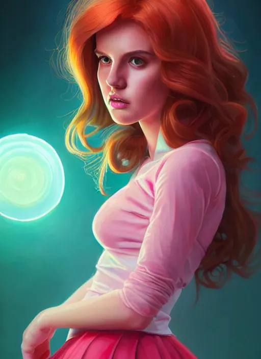 Image similar to full body portrait of teenage cheryl blossom, bangs, green eyes, sultry expression, red hair, sultry smirk, bangs and wavy hair, pink skirt, intricate, elegant, glowing lights, highly detailed, digital painting, artstation, concept art, smooth, sharp focus, illustration, art by wlop, mars ravelo and greg rutkowski