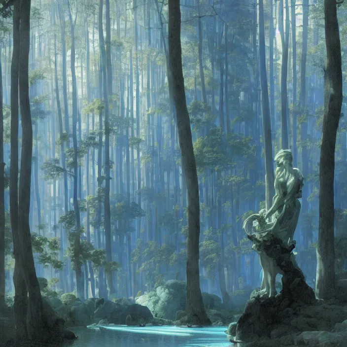 Prompt: forest of marble draped in flowing sheets of cobalt blue satin and silver satin, by ivan aivazovsky and syd mead and moebius and gaston bussiere and roger dean and pieter claesz and paul delaroche and alma tadema and august malmstrom and caspar david friedrich and aelbert cuyp, hyperrealistic, volumetric light, octane render