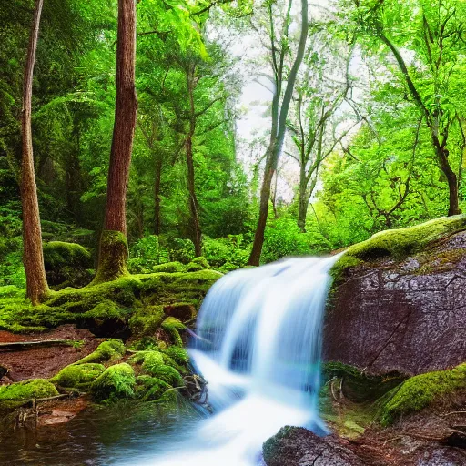 Image similar to forest oasis with sparkling waters surrounded by smooth cliffs with a waterfall cascading down into the oasis, 4 k photography