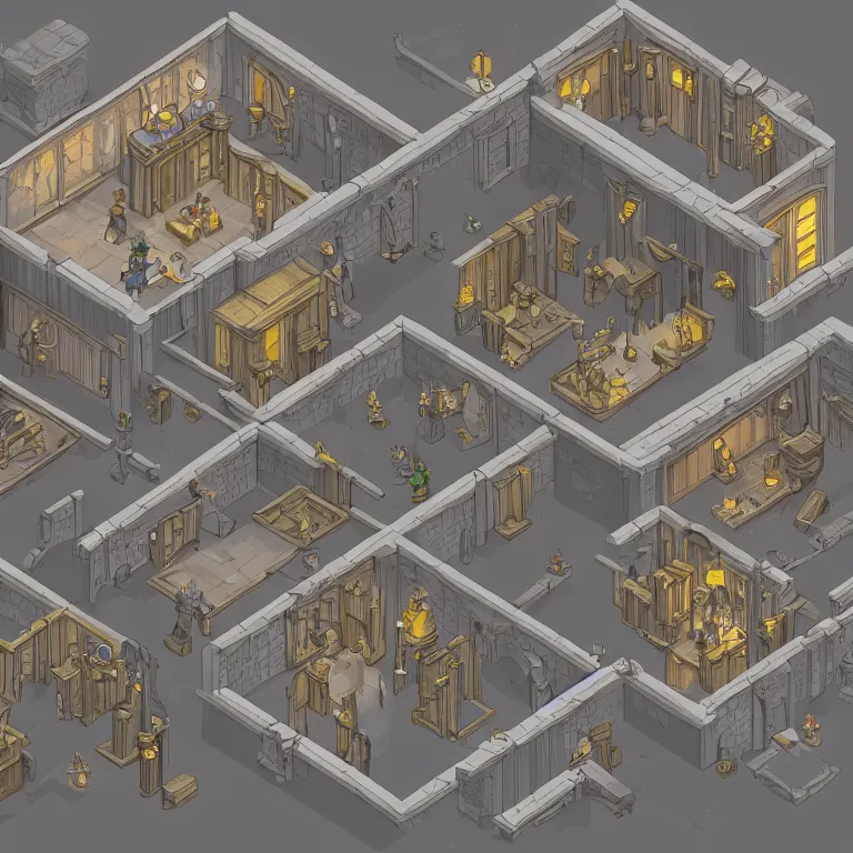 Prompt: isometric top down dungeon backrooms painted in the style of Tadai Ando