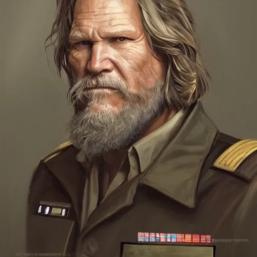 Image similar to portrait of a man by greg rutkowski, he looks like jeff bridges, wearing the military uniform of the corellian confederation, star wars expanded universe, he is about 5 0 years old, highly detailed portrait, digital painting, artstation, concept art, smooth, sharp foccus ilustration, artstation hq