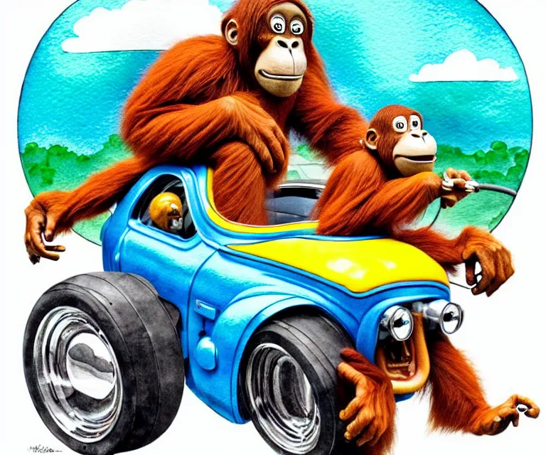 Image similar to cute and funny, orangutan wearing a helmet riding in a tiny hot rod with oversized engine, ratfink style by ed roth, centered award winning watercolor pen illustration, isometric illustration by chihiro iwasaki, edited by range murata, tiny details by artgerm, symmetrically isometrically centered