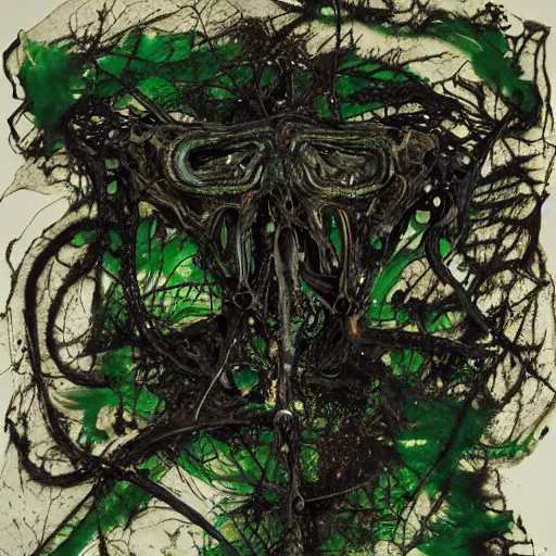 Image similar to a black and green biomechanical talisman of suffering, rotting, fungus, wings by maggi mcdonald, jackson pollock, mark rothko, sabina klein