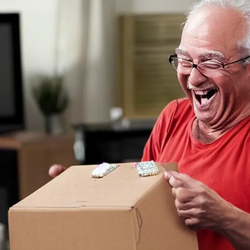 Image similar to an excited old man opening an amazon package full of diamonds