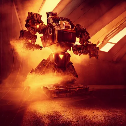 Image similar to head of toaster oven mecha, dark messy smoke - filled cluttered workshop, dark, dramatic lighting, orange tint, cinematic, highly detailed, sci - fi, futuristic, movie still