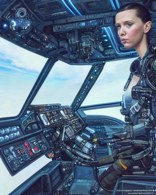 Prompt: a realistic oil painting of a girl resembling alicia vikander or millie bobby brown in a futuristic mechanical spaceship cockpit, highly detailed, intricate, artstation, by donato giancola
