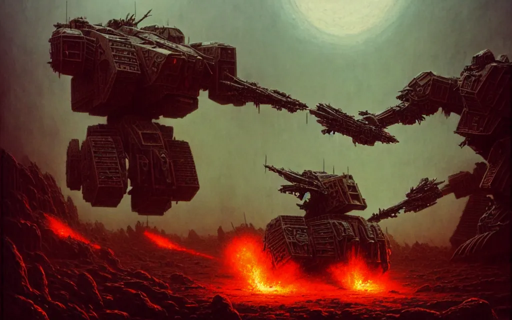 Image similar to a cinematic scene of a hulking armoured mech monster fighting in a hellish war by moebius and hr giger and beksinski, trending on artstation, digital art, 4 k resolution, detailed, high quality, sharp focus, hq artwork, insane detail, cinematic, volumetric lighting, dramatic lighting, epic light, cinematic aesthetic