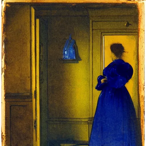 Image similar to a girl in a blue and gold haunted liminal room, film still by goya, colors by pontormo, lights by hopper, extreme detail, liminal aesthetic, background art nouveau,