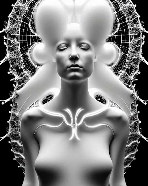 Image similar to dreamy soft luminous bw 3 d octane render, beautiful spiritual angelic biomechanical mandelbrot fractal albino girl cyborg with a porcelain profile face, very long neck, halo, rim light, big leaves and stems, fine foliage lace, alexander mcqueen, art nouveau fashion pearl embroidered collar, steampunk, silver filigree details, hexagonal mesh wire, elegant