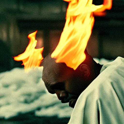 Image similar to cinematic film still of Kanye West starring as a Japanese Sensei with fire, Japanese CGI, VFX, 2003, 40mm lens, shallow depth of field, film photography