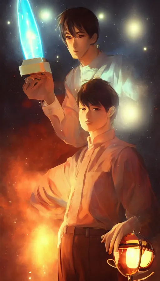 Prompt: fine - face, realistic shaded perfect face, fine details, orange - ish cosmic setting, anime style, realistic shaded lighting poster by katsuhiro, ilya kuvshinov, artgerm, jeremy lipkin and michael garmash, rob rey and kentaro miura style, trending on art station, nikola tesla holding a tesla coil, accomplished look, glowing energy