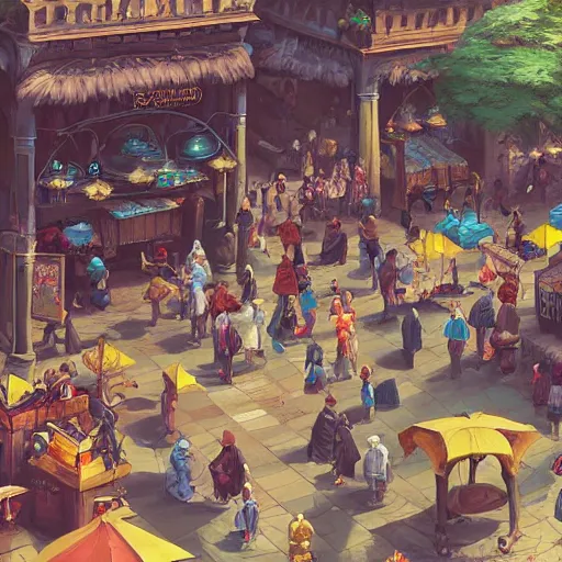 Prompt: a busy fantasy street market from within a beautiful and ornate city, by Sylvain Sarrailh, by Sebastian Luca, by Nicodemus Yang-Mattisson, cinematic, great composition, dungeons and dragons, lord of the rings