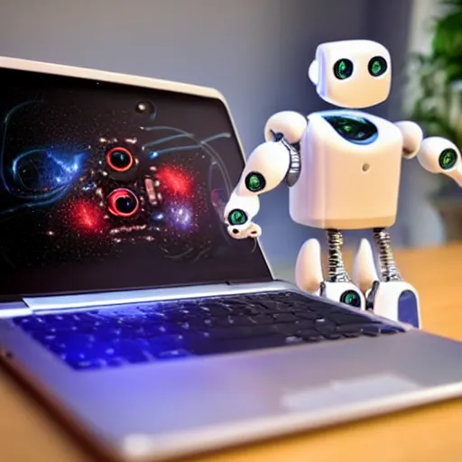 Image similar to beautiful robot works in front of a laptop