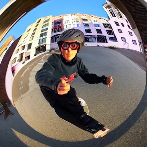 Image similar to cool grandmother skateboard video, fisheye lens, go pro, 4k