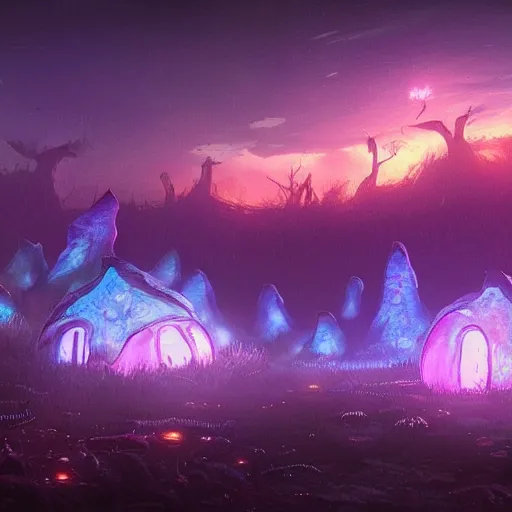 Image similar to concept art painting of a fantasy alien nighttime landscape of houses made of fungus, with glowing blue lights, glowing mushrooms, dark purple sky, realistic, detailed, cel shaded, in the style of makoto shinkai and greg rutkowski and albert bierstadt and james gurney