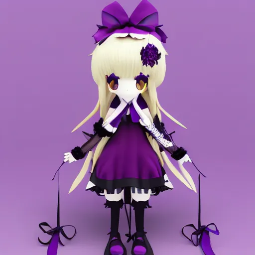 Prompt: cute fumo plush of a gothic maiden in a dark purple uniform with gold highlights, laces and ribbons, soft shadow, anime girl, vray, symmetry, white frame