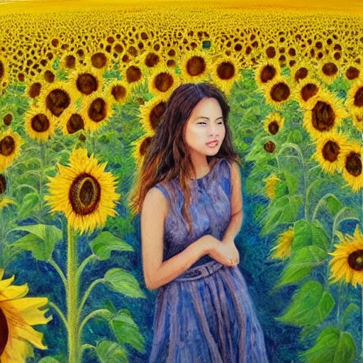 Image similar to a girl in amazing tall sunflower field, her hair flowing down, subtle, intricate details, real masterpiece, oil on canvas, by somsak anong