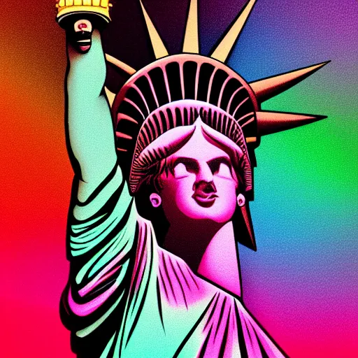 Image similar to statue of liberty, retrowave epic art, trending on art station