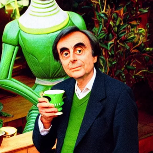 Image similar to carl sagan, green alien, drinking tea in a chinese tea house