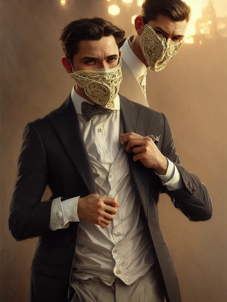 Prompt: ultra realistic illustration, a male with fabric mask, suit and tie, intricate, elegant, highly detailed, digital painting, artstation, concept art, smooth, sharp focus, illustration, art by artgerm and greg rutkowski and alphonse mucha