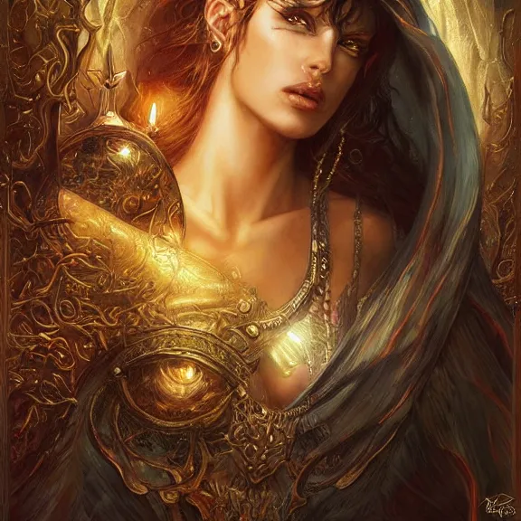 Image similar to a highly detailed painting of a sorceress with piercing beautiful eyes, mystical temple setting, dynamic lighting, ambient lighting, deviantart, art by artgerm and karol bak and mark brooks