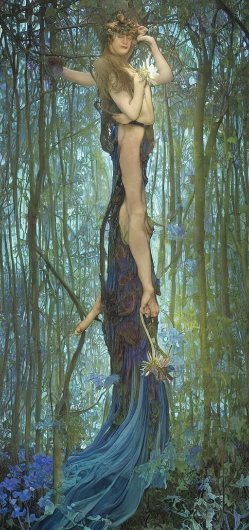 Image similar to painterly dreamy Kupala Night in the blue forest with trees which have eyes, giant flowers, glowing owls, deers, lianas, thistles, giant fantasy creatures, a stream and sky with moon and stars by Alphonse Mucha, Artgerm, Alex Grey, Aron Wiesenfeld and Giger dark fantasy, witcher, very detailed oil painting in the alla prima style, masterpiece, 8k